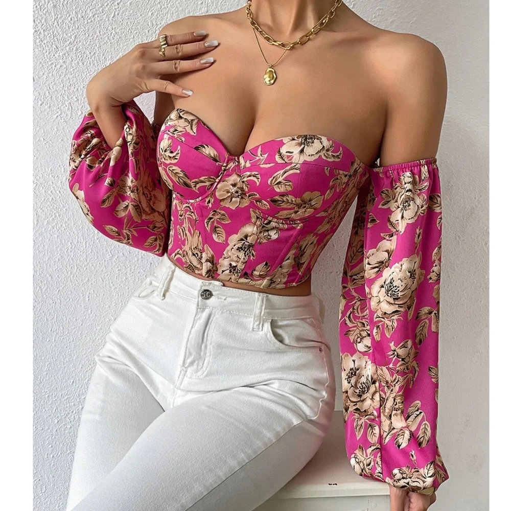 Boho Floral Print Lace up Off Shoulder Corset Top - Picture 13 of 15